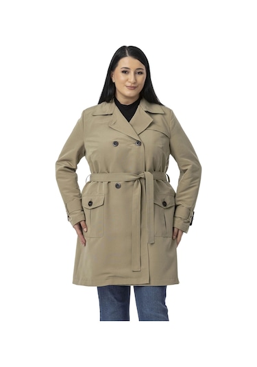 Büyük Beden Kruvaze Kolu Bant Detaylı Cepli Kuşaklı Astarlı Çağla Yeşili Trençkot Çağla Yeşili