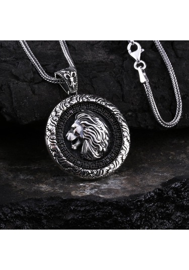 Otantik Motifli Zirkon Taşlı Gümüş Aslan Kolye Gümüş