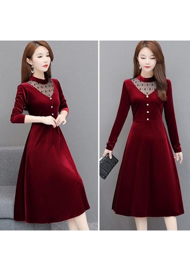 Ofis Bayan Zarif Kadife Elbise O-boyun Hollow Out Örgü Iplik Dikiş Evaze Elbise Uzun Kollu Düğmeler Dekor Gevşek Hem Midi Elbise Kırmızı Ofis Bayan Zarif Kadife Elbise O-boyun Hollow Out Örgü Iplik Dikiş Evaze Elbise Uzun Kollu Düğmeler Dekor Gevşek Hem Midi Elbise Kırmızı