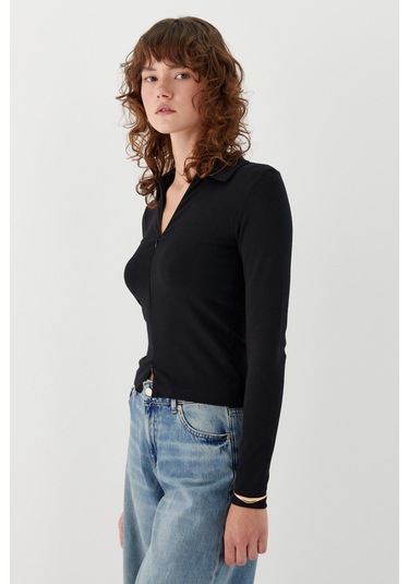 Polo Yaka Önden Gizli Fermuarlı Bluz Siyah Siyah