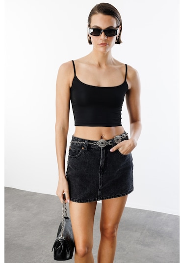 Genius Store Kadın Scuba Kumaş İp Askılı Crop Top Crop-atlet Siyah
