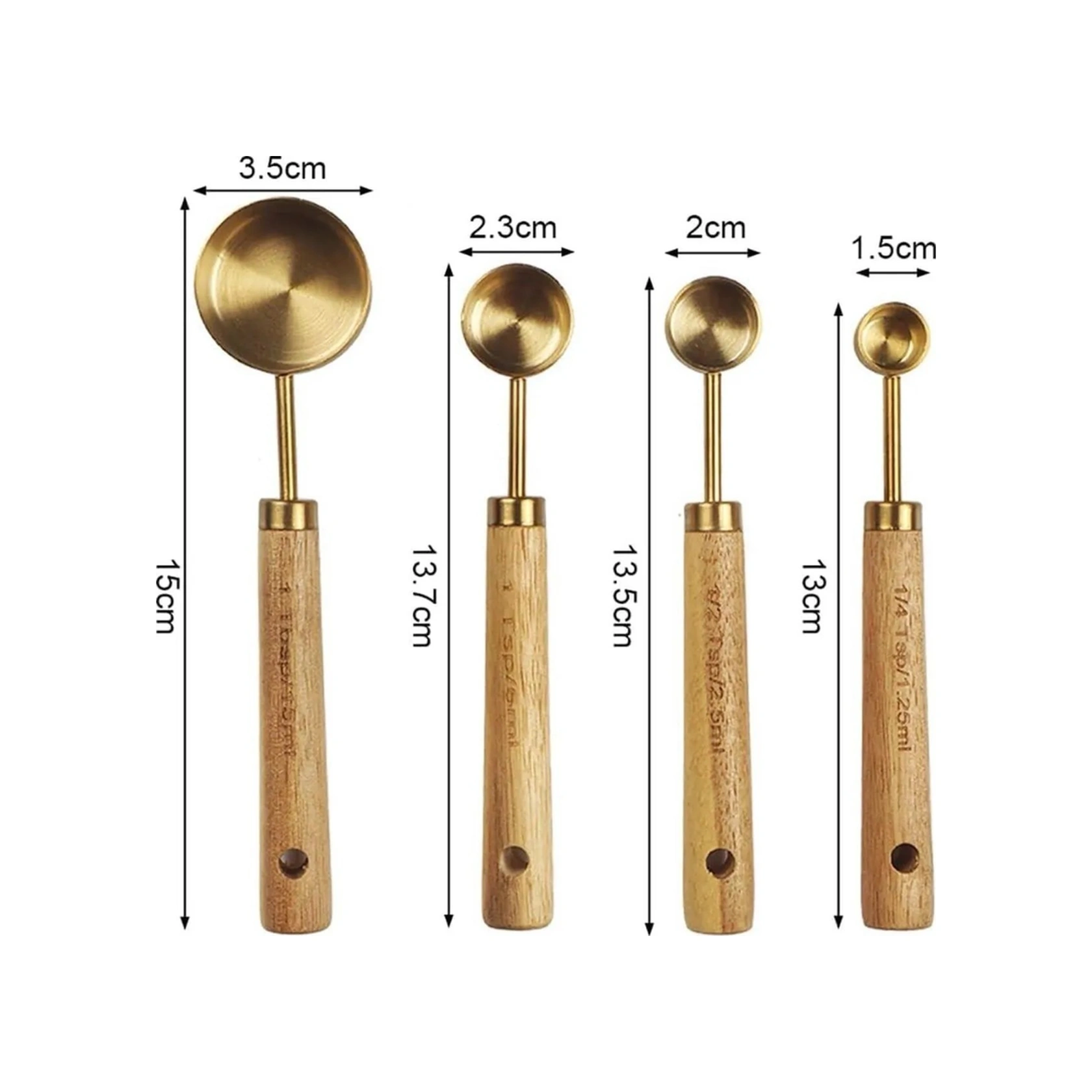 Mucit Home 4 Adet Gold Paslanmaz Çelik Ahşap Saplı Ölçü Kaşığı Seti Ölçü Kabı Gold