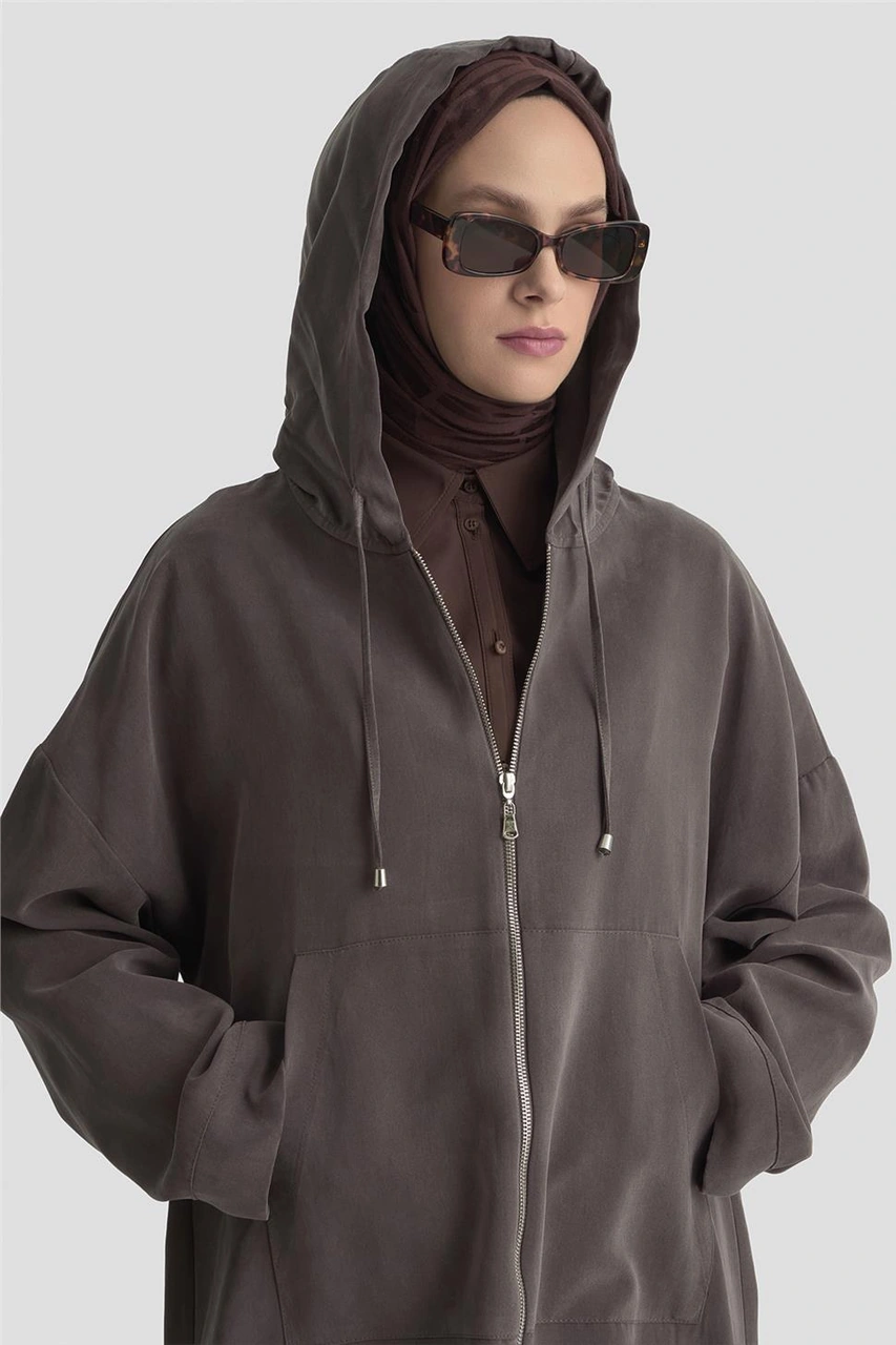 Armine Fermuar Detaylı Kapüşonlu Kap 25kd1125 Kahverengi Kahverengi