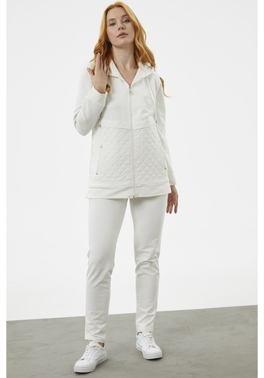 Kapüşonlu Kapitone Detaylı Eşofman Takım - Ekru 001