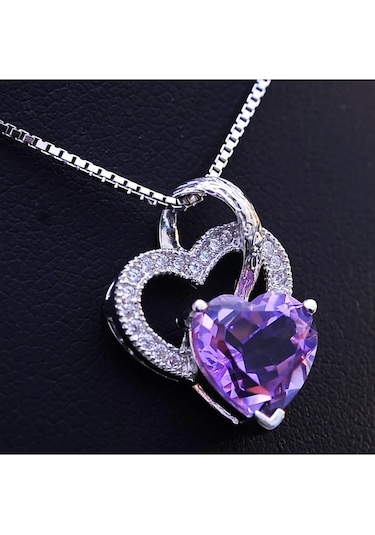 Brezza Lusso Jewelry Gümüş Ametist Taşlı Çift Kalp Kadın Gümüş Kolye 45 CM