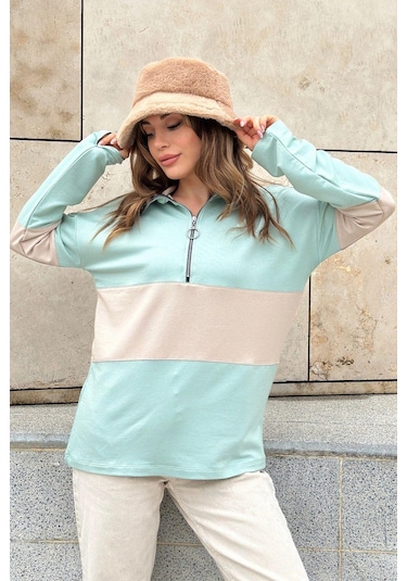 WeShaya Kadın Mint Uzun Kol, Dik Yaka, Fermuarlı, Double Color Block Basic Sweatshirt Bluz Mint