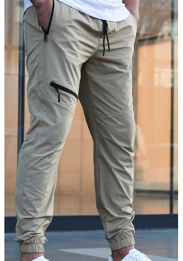 Madmext Bej Fermuar Detaylı Paraşüt Jogger Pantolon Bej