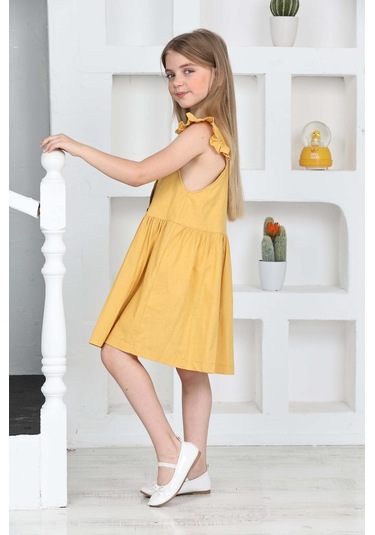 Kız Çocuk %100 Pamuk Keten Elbise 12197 Hardal