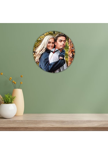 Kişiye Özel Fotoğraflı Cam Duvar Saati Sevgililere Özel Hediye Beyaz