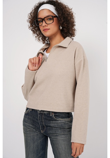 Bigdart 55449 Fermuarlı Yaka Örme Sweatshirt - Krem