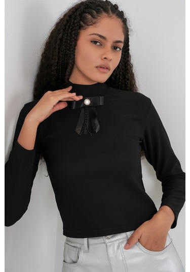 Kadın Kurdale Detay Uzun Kollu Bluz 977 - Siyah Siyah
