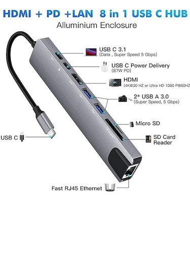 Type C To Hdmi Usb 3.0 Sd Microsd 8 İn 1 Kart Rj45 Ethernet Çevir