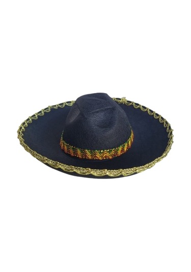 Meksika Mariachi Latin Şapkası Lüks 41cm Siyah Zemin Üstüne Altın Sim Kenarlıklı Parti Kostümü