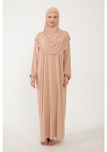 Kadın Tesettür Pamuklu Başörtülü Namaz Elbisesi Dantelli Tek Parça Penye Kumaş Bej