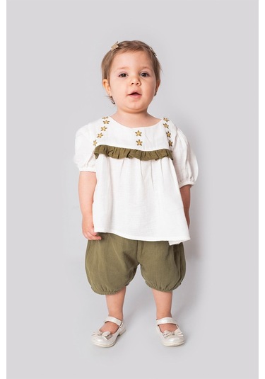 Marvello 18 - 24 Aylık Kız Bebek Roba Nakışlı Müslin Ikili Takım %100 Pamuk Yazlık Bluz Ve Şort Çok Renkli