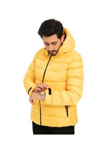 Erkek Sarı Kapüşonlu Içi Polarlı Kürklü Su Geçirmez Rüzgara Dayanıklı Şişme Mont Kaban Parka Sarı