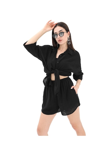 Pamuk Keten Şort Gömlek Kadın İkili Takım - Siyah-siyah Siyah