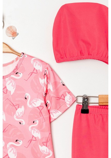 Beniizle Volan Etekli Boneli Kız Çocuk Üçlü Mayo Set Flamingo