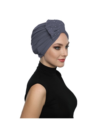 Kristal Yelpaze Taş İşlemeli Çift Taraflı Astarlı Hazır Koyu Gri Türban Tesettür Abiye Bone