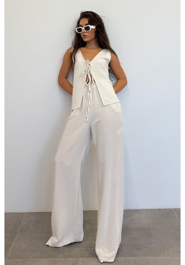 Madmext Natural Önü Bağlamalı Yelek Pantolon Kadın Takım Mg2403