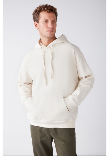 GRIMELANGE Steve Erkek Yumusaçık Kumaşlı Kordonlu Oversize Kapüşonlu Kanguru Cepli Ekru Sweatshirt Ekru
