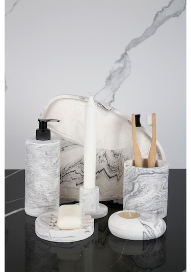 Betonmall 6 Parça Mermer Desenli Beton Banyo Seti Katı Ve Sıvı Sabunluk Mumluk Tütsülük Diş Fırçalığı - Gri Gri