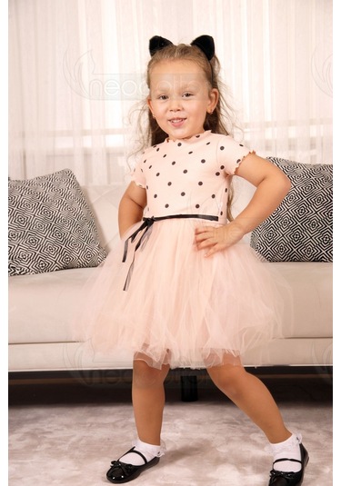Puantiyeli Kız Çocuk Kısa Kollu Doğum Günü Ve Özel Günler İçin Tüllü Elbise Kısakol-somon Somon