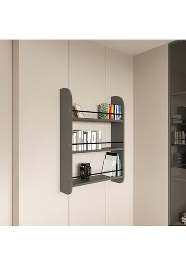 Alpa Ev Mobilya 3 Katlı Duvar Rafı, Çok Amaçlı Ahşap Kitaplık, Mutfak Banyo Montessori Ünitesi Antrasit