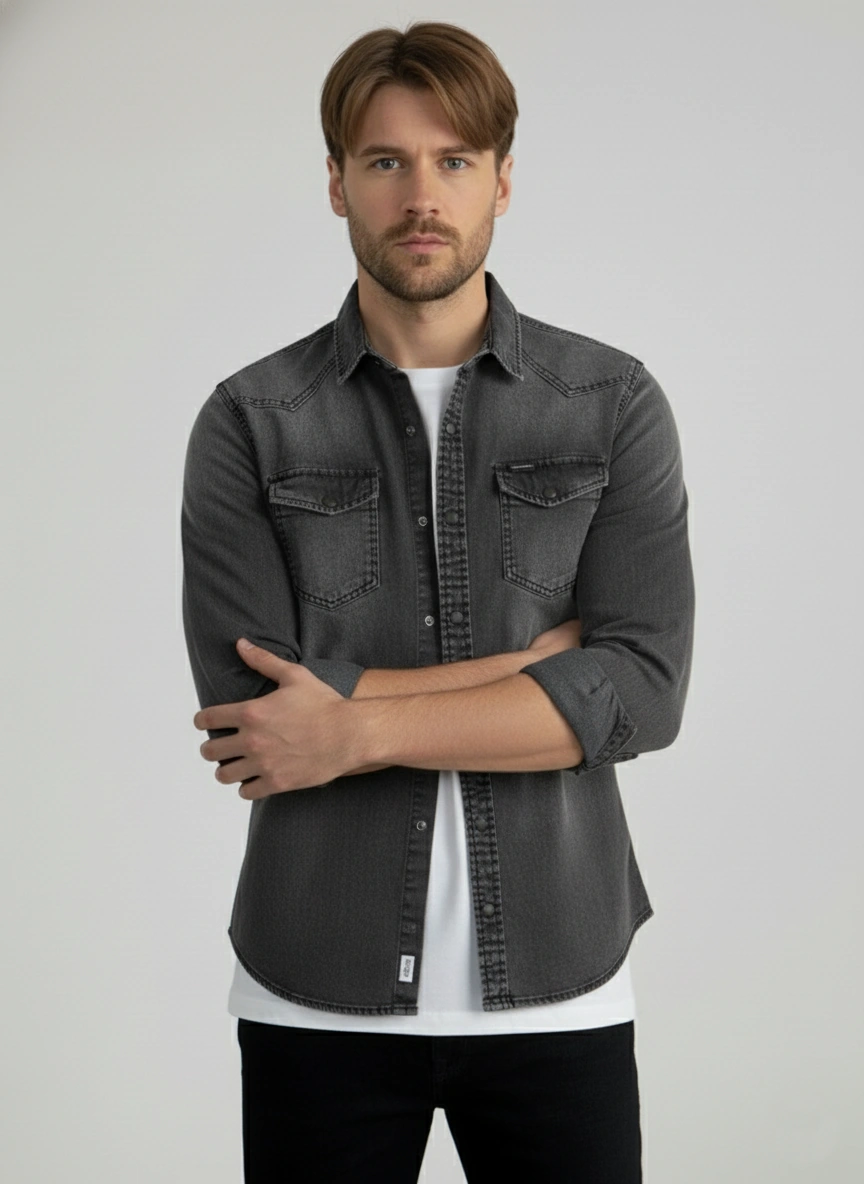 Erkek Gömlek Slim Fit Yıklamalı Kot Gömlek Füme