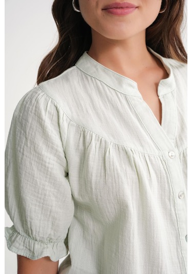4725 Kadın Büzgü Robalı Kolu Fırfırlı Müslin Gömlek Adaçayı Adaçayı