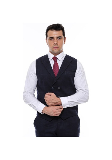 Wessi Kruvaze Yakalı Kareli Desenli Erkek Yelek - Lacivert