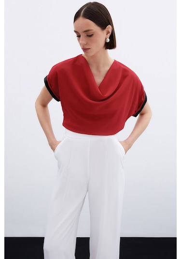 Sateen Kollar Taş Detaylı Salaş Bluz - Kırmızı-135980 Kırmızı