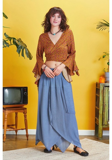 Bohem Tarz Katlı Salaş Beli Lastikli Uzun Etek İndigo