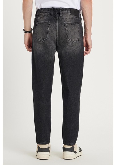 Erkek Relax Fit Geniş Kesim Boru Paça Denim Yıkamalı Taşlamalı Esnek Siyah Jean Kot Pantolon-34489 Siyah
