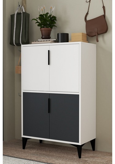 1402 Ada Ayakkabılık 4 Raflı 4 Kapaklı Çok Amaçlı Dolap Kiler Antrasit Beyaz Antrasit - Beyaz