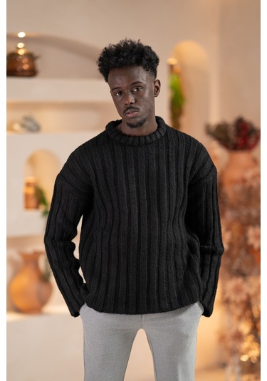 Oversize Kendinden Çizgili Pamuklu Kalın Triko Spor Kazak Siyah