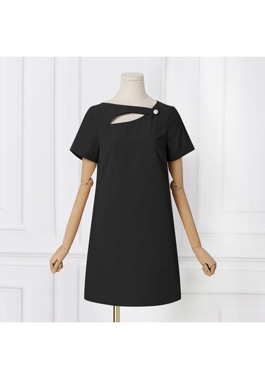 Siyah Vonda Bayan Yaz Yuvarlak Yaka Kısa Kollu Yırtmaçlı İnci Düğme Düz Tek Renk Kısa Elbiseler