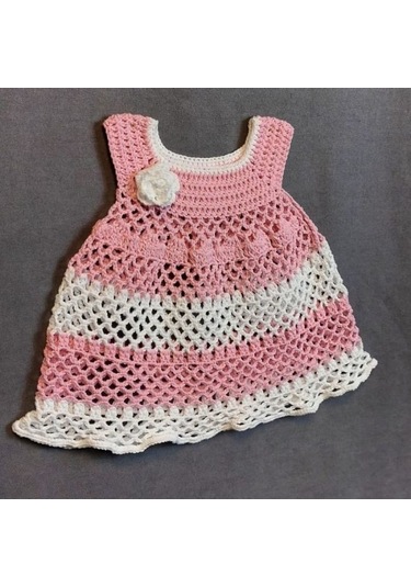 Uretti - Talia 8659 1429 El Örgüsü Koton İp Kız Çocuk Elbise - 1 Yaş / Pembe - Beyaz Pembe - Beyaz