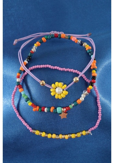 3lü Yıldızlı Çiçekli Boncuklu Asansörlü Bileklik. Lastikli Bileklik, Kadın İp Bileklik Halhal. Çok Renkli