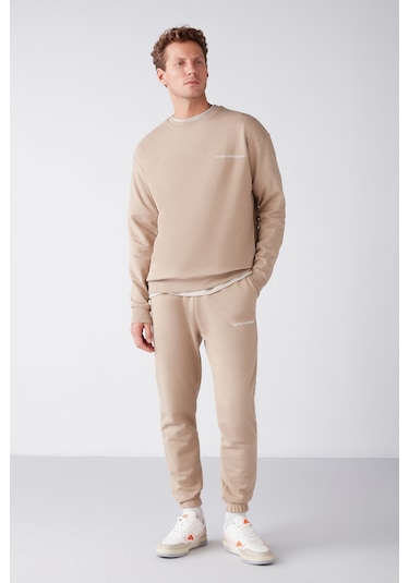 Marshall Erkek Pamuklu Içi Polarlı Nakışlı Relaxed Bej Eşofman Takımı