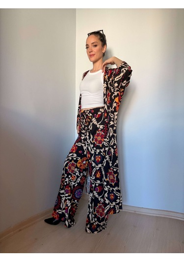 Ali Butik Siyah Etnik Desenli Kimono Pantolon Takım Siyah