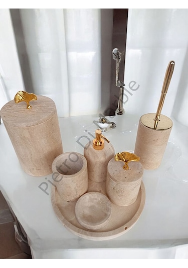 Sarı Traverten Klasik Model 7 Parça Gold Renk Japon Gülü Aksesuarlı Banyo Seti Sarı Traverten
