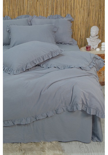 Lilya Keten Görünümlü Fırfırlı %100 Pamuk Çift Kişilik Nevresim Takımı - Lilyack Ekru