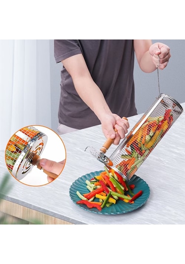 Sones Ahşap Saplı Küçük Paslanmaz Çelik Tekerlekli Izgara Sepeti Flip-top Kapaklı Barbekü Kafesi