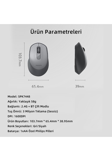 Philips SPK7448 Kablosuz 1600dpı 3 Tuşlu Optik Mouse