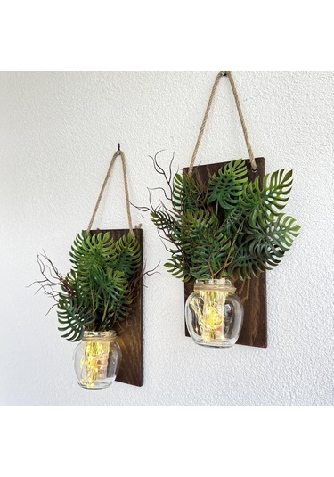 Led Işıklı, Mastana Bitki Çiçekli Duvar Dekoru Ceviz İkili Set Ceviz