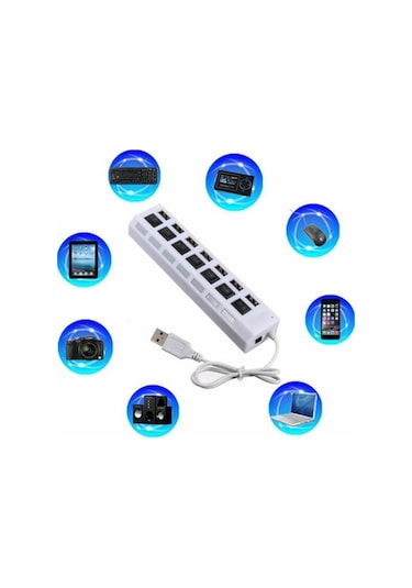 7 Port Usb Hub Çoklayıcı Anahtarlı Switch Işıklı Beyaz Adaptörlü (533634728)