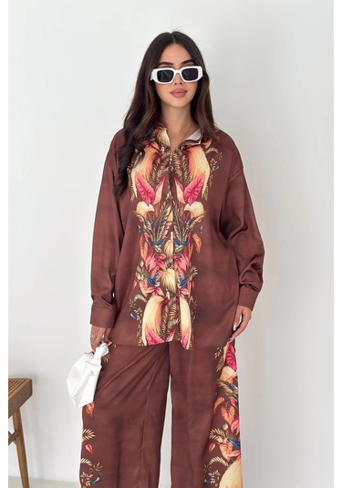 Saten Kumaş Desenli Takım Kahverengi Kahverengi