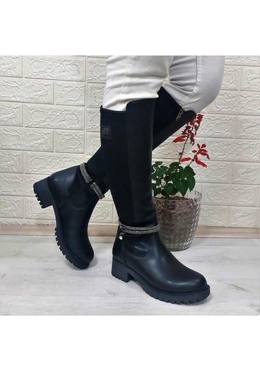 M.p 2753 Siyah Taşlı Ligralı Fermuarlı 45cm Bayan Çizme 001