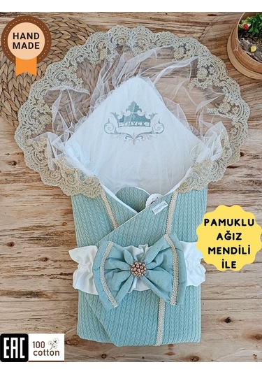 Pembe Triko Örgü Kız Bebek Batttaniyesi Kundağı Kalın Dantelli Yenidoğan Hastane Çıkışı Hediyelik Mint